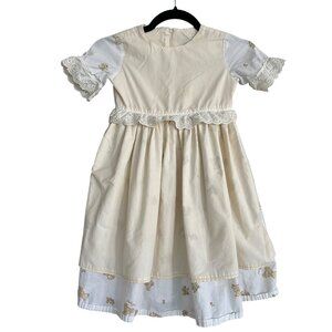 Vintage Girls White Dress • Built-In Cream Pinafore • Eyelet Lace Bear Floral